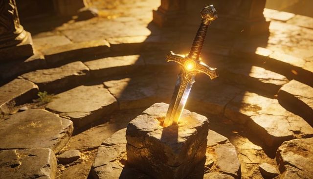 Mythic sword of dawn glowing in sunlit ruins, ornate longsword embedded in stone