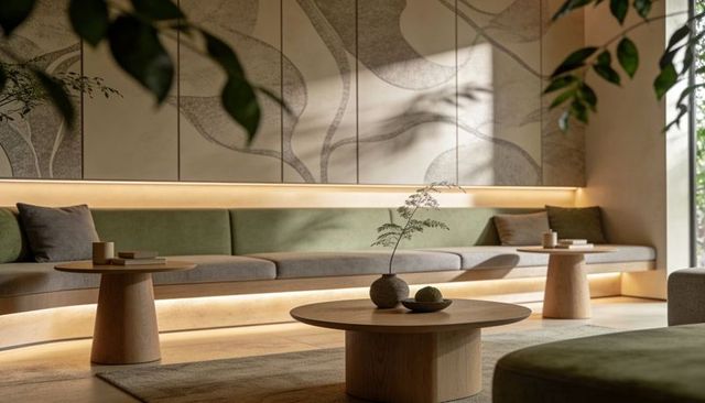 Minimalist lounge featuring built-in green bench, warm led lighting, round wood tables