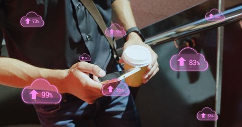 Man managing cloud data on smartphone in modern city