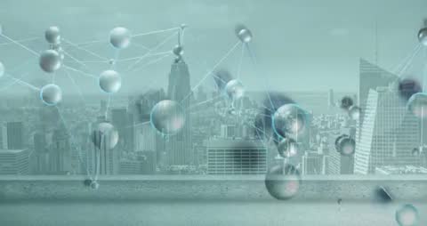 Futuristic Digital Network with 3D Spheres in Urban Skyline