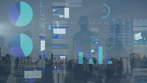 Data Visualization Over Cityscape Represents Business and Technology Trends