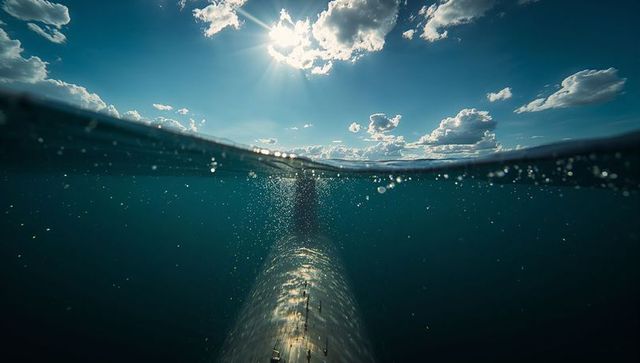 Sunlit steel cylinder descending into ocean with rising bubbles and dramatic sunbeams