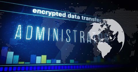 Futuristic encrypted data administration dashboard with neon globe and analytics charts