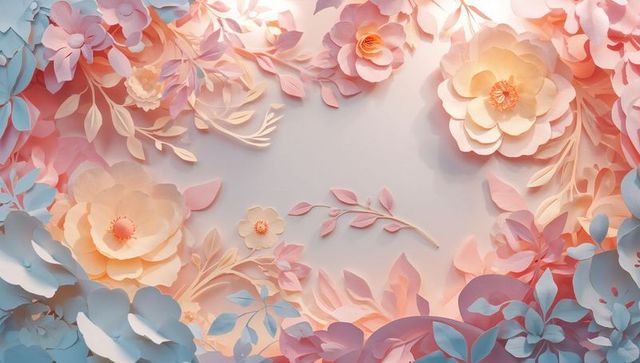 Framing pastel paper-cut floral border with layered roses and peonies