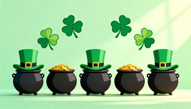 Row of black cauldrons wearing green top hats with gold coins and floating shamrocks