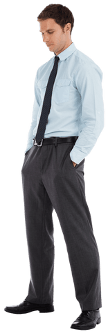 Transparent Serious Businessman with Hands in Pockets Contemplating
