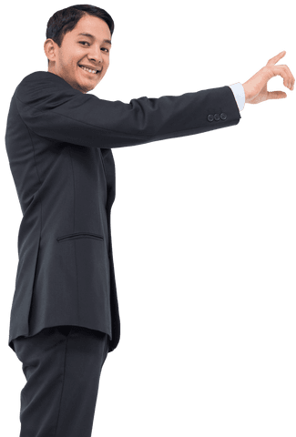 Happy Businessman in Suit Pointing on Transparent Background