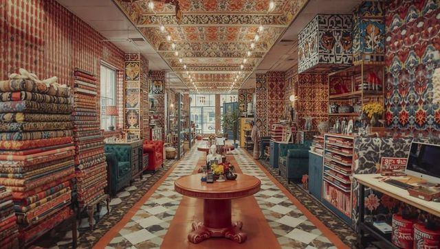 Showcasing round wooden display table with fabric swatches in ornate textile showroom and wallpaper