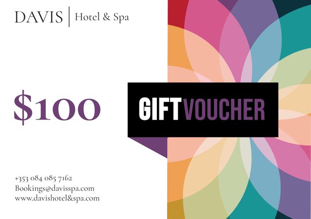 Elegant gift voucher for Davis Hotel & Spa combines luxury and relaxation suitable for gifting. Ideal for promotions, special occasions, and customer rewards, it features colorful abstract patterns and essential booking details. Perfect for advertisements targeting luxury hotel and spa experiences.