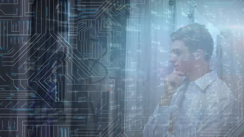 Caucasian Businessman Analyzing Data in Server Room with Futuristic Overlay