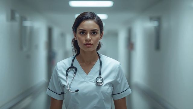 Focused nurse standing in hospital corridor wearing stethoscope and light blue scrubs