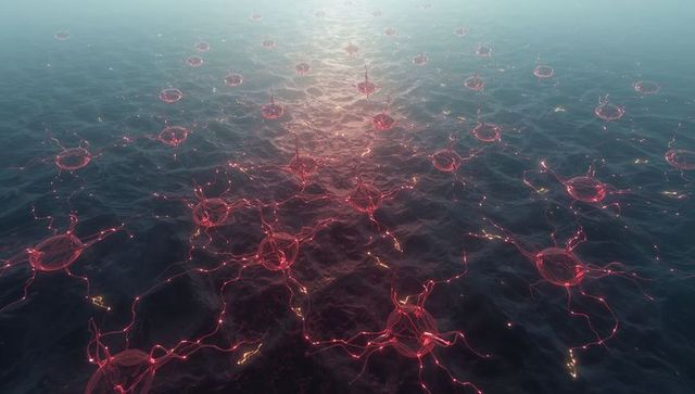 Glowing red neural mesh spanning ocean surface linking filament nodes with reflecting light