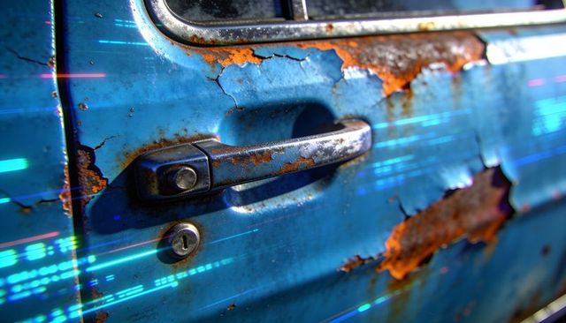 Blue car door peeling and corroding with chrome handle, rusty weathered patina close-up