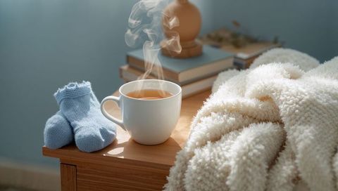 Steaming tea mug with baby socks and plush cream blanket on wooden nightstand