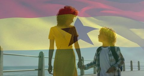 Family Bonding Amidst Sunlit Scenic Path with Ghanaian Flag Overlay