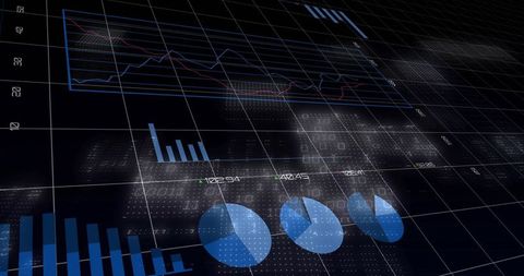 Displaying 3D Holographic Data Dashboard with Blue Line, Bar and Pie Charts on Grid