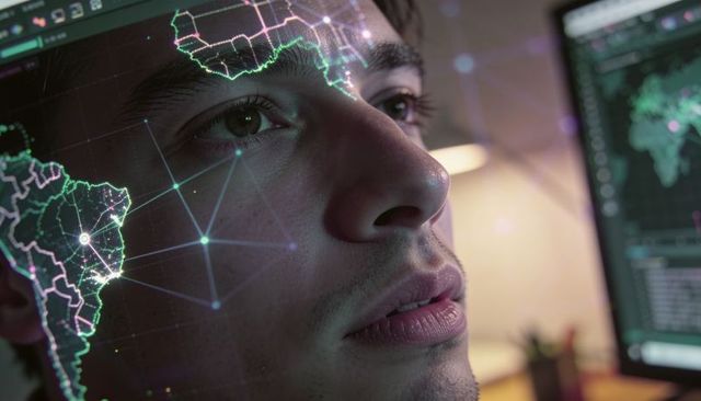 Data analyst studying holographic world map overlay projected on face in low light