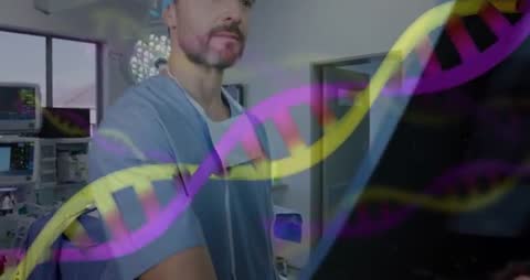 Innovative Doctor in Operating Room with Digital DNA Display