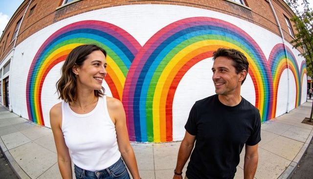 Couple walking and smiling along vibrant rainbow mural on urban sidewalk wearing casual clothes