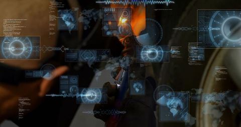 Gloved technician heating metal with torch while holographic hud displays data
