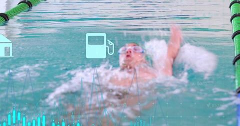 Male athlete backstroking in pool with digital performance overlays and visualization