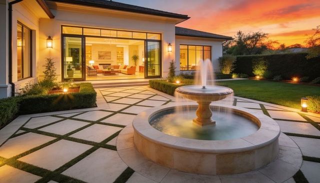 Flowing two-tier stone fountain on modern paver courtyard at sunset with open glass doors