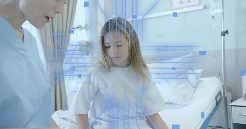 Pediatric patient receiving nurse care with hospital digital monitoring overlay