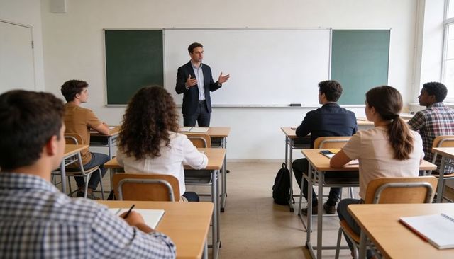 Male teacher delivering lecture to high school students in bright classroom