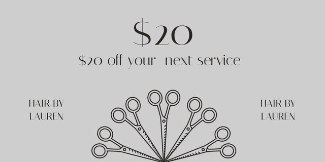 This salon discount ad includes a $20 off offer on the next service with an eye-catching scissor design. Ideal for hair salons running promotions, it attracts customers offering savings on their next visit. Suitable for digital or printed use in marketing campaigns.