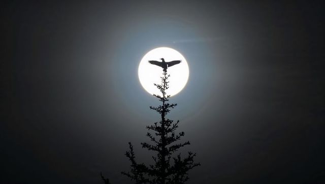 Perching bird spreading wings on conifer treetop with full moon halo night silhouette
