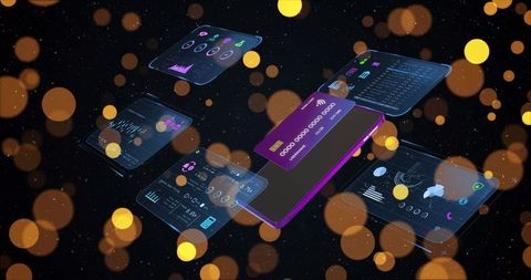 Holographic Mobile Card with Floating Finance Dashboards, Neon Bokeh, Futuristic Fintech
