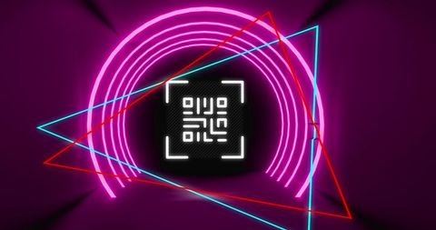Glowing QR Code with Neon Geometric Shapes on Purple Background - Download Free Stock Images Pikwizard.com
