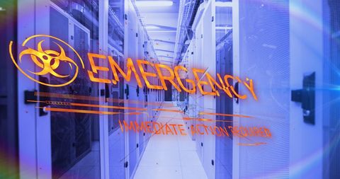 Emergency Alert in Data Center with Biohazard Symbol Overlay