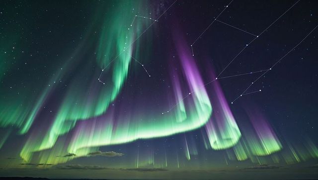 Dazzling aurora borealis with star constellations in night sky