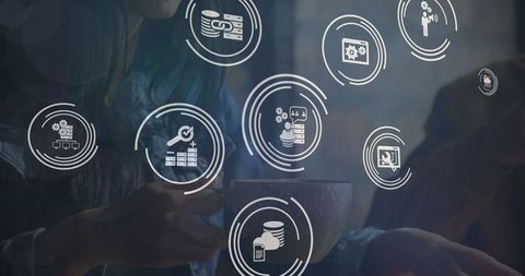 woman engaging with abstract network and technology icons - Download Free Stock Images Pikwizard.com
