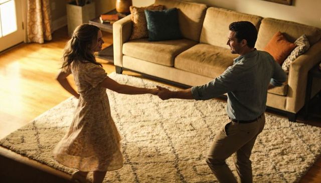 Sunlit couple dancing on patterned rug, spinning together in cozy living room
