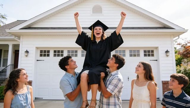 Smiling graduate celebrating being lifted by siblings in suburban driveway