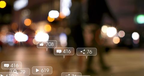 Social Media Engagement Over Urban Evening Lights Blur