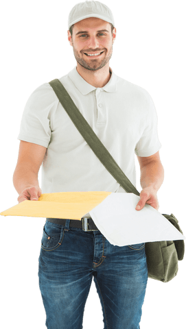 Transparent Background of Happy Courier Handing Over Envelopes - Download Free Stock Videos Pikwizard.com