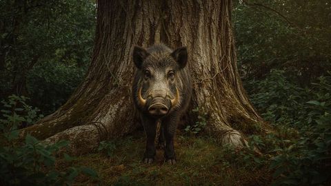 Wild Boar Posing in Lush Forest Habitat
