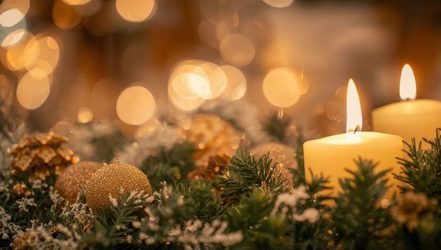 Golden festive centerpiece with frosted greenery, gold ornaments and glowing pillar candles