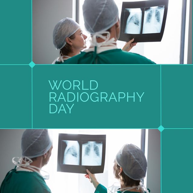 Image of medical professionals, including doctors and a nurse, dressed in surgical attire and examining x-ray images in a hospital. The image celebrates World Radiography Day, recognizing the contributions of radiographers and radiologists in the field of healthcare. This image can be used for healthcare promotions, educational materials, radiology articles, medical staff appreciation posts, and awareness campaigns on radiology.