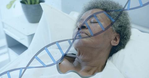 Senior woman resting in hospital bed with dna overlay representing genetic health research