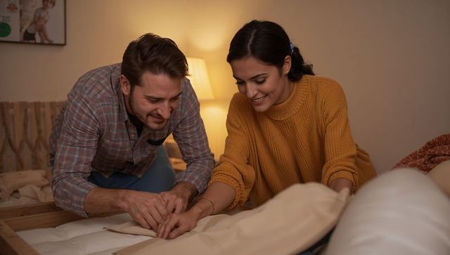 Couple making bed in cozy bedroom at night, warm lighting and intimate moment