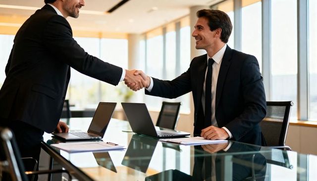 Executives Shaking Hands Over Agreement in Modern Glass Boardroom During Business Meeting
