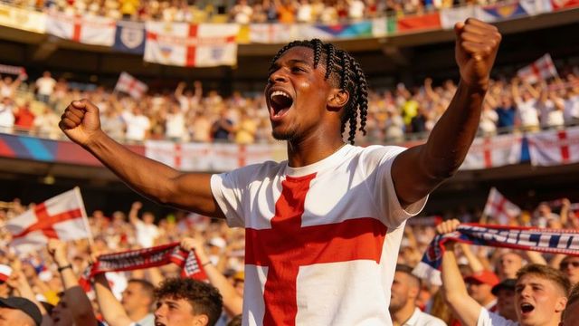 Stadium fans cheering man wearing england st george cross t-shirt raising arms celebrating