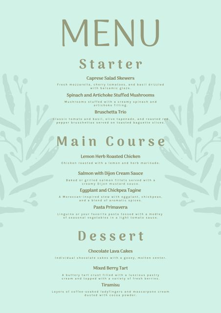 Beautiful, elegant menu design ideal for upscale dining establishments, events, or catering services aiming for a refined, contemporary look. Create a sophisticated and classy impression with this tasteful layout utilizing a soft green backdrop, perfect for receptions, weddings, or gourmet dining experiences.