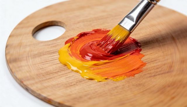 Artist brush pressing into vibrant red orange and yellow paint on wooden oval palette