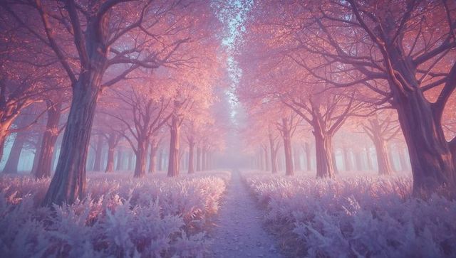 Enchanted Pink Woodland Pathway with Lavender Shrubs