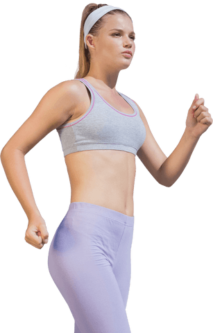 Fit caucasian woman jogging on transparent background for wellness design